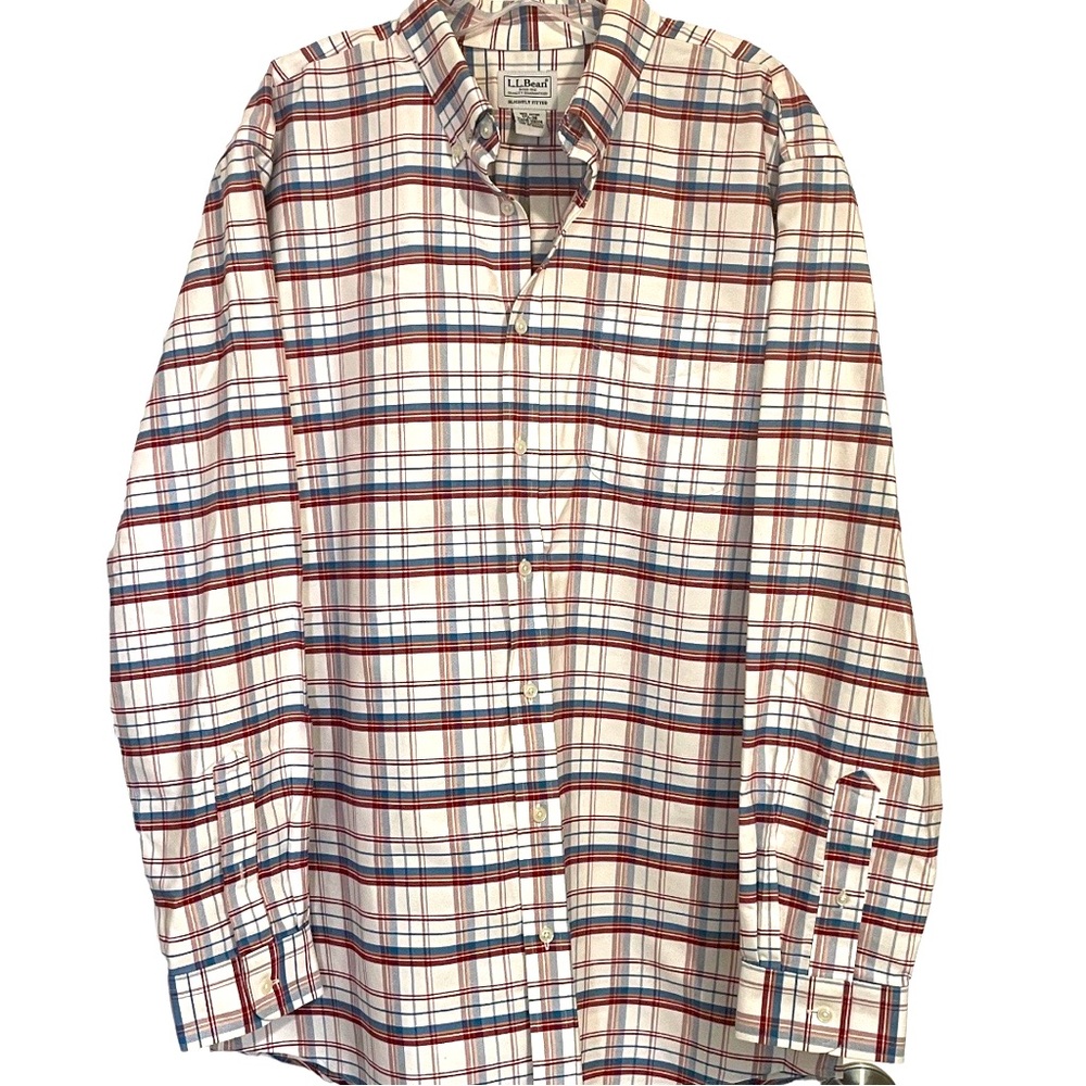 LL Bean Wrinkle Free Classic Oxford Cloth Long Sleeve Plaid Slight Fitted Shirt